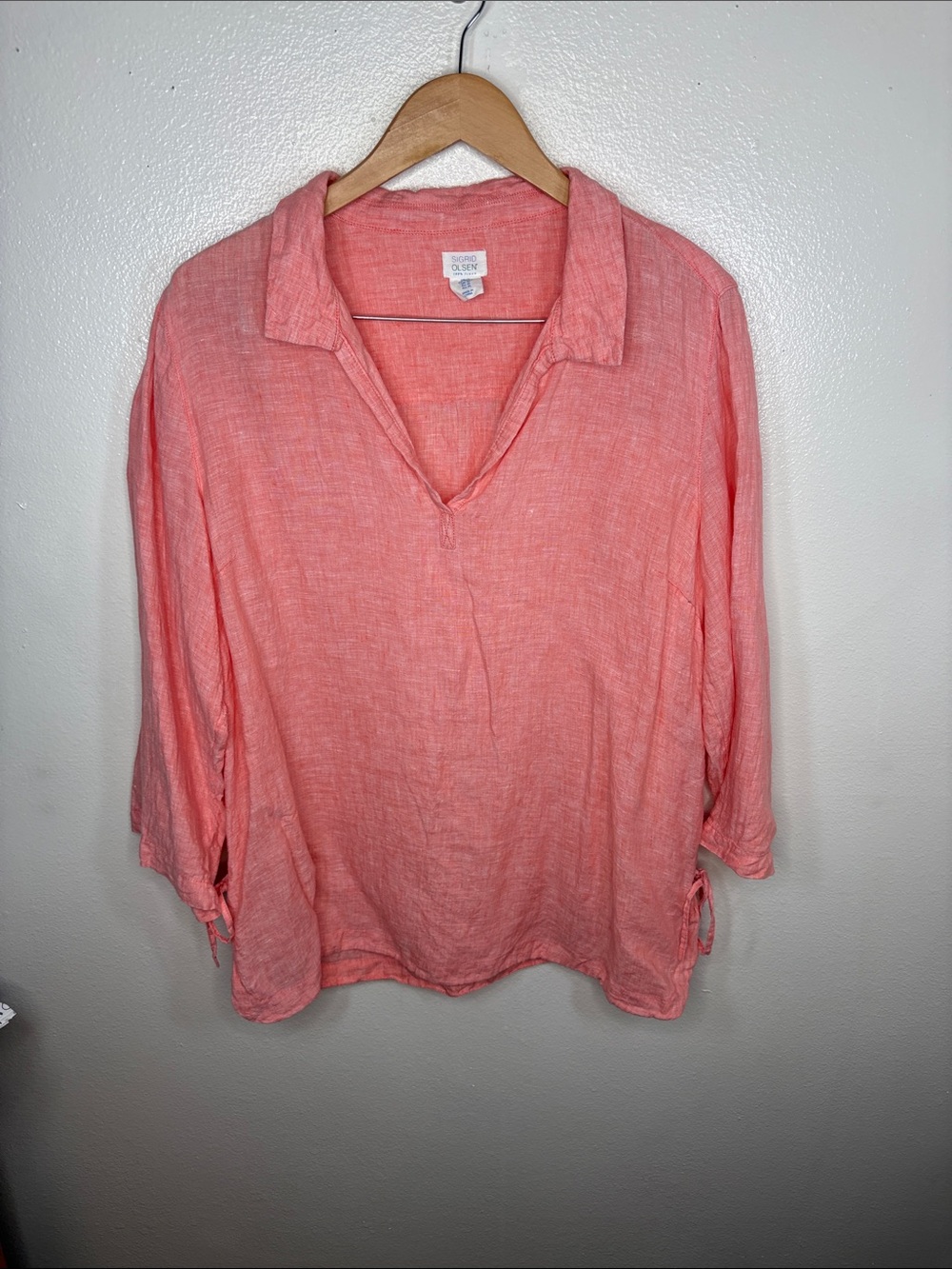 Sigrid Olsen Peach Coral Linen Split Neck Popover Blouse Women Size XL